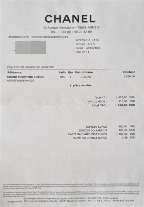 chanel handbag receipt from paris